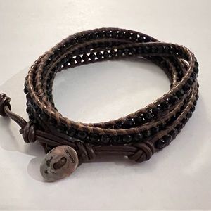 Chan Luu black bead and brown leather wrap bracelet